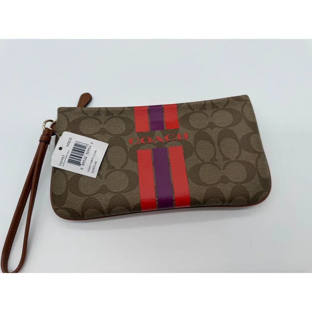 Coach Varsity Stripe Large Wristlet Signature Canvas Brown Red F66463